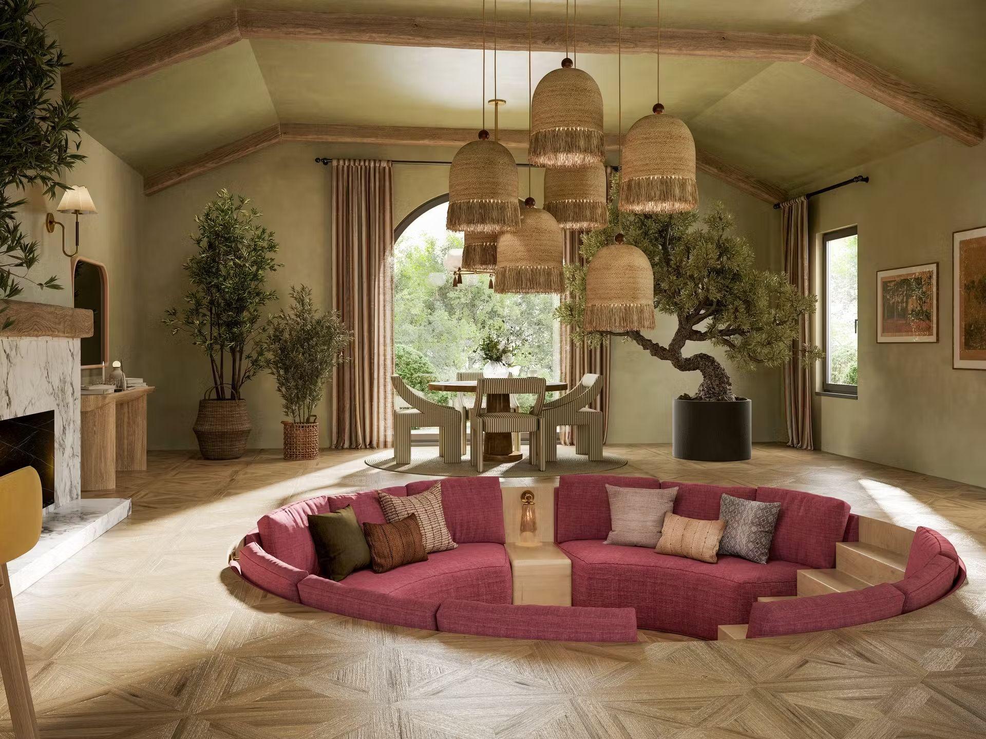 A cluster of the Sheri Pendant Suspensions from Mitzi above a conversation pit in a modern boho interior
