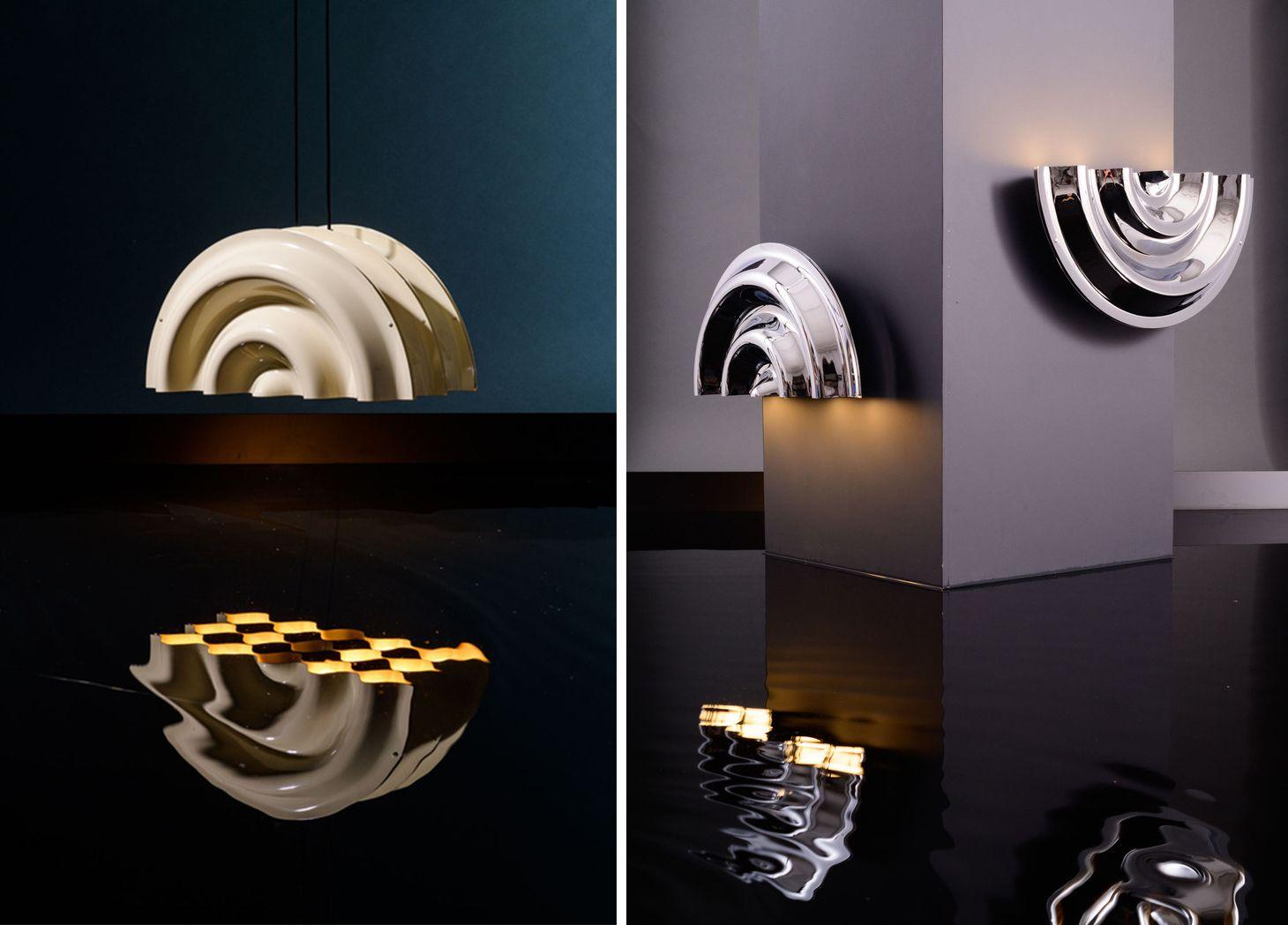 Doppler Triple Suspension Light in Glossy Ivory (left) and Doppler Wall Light in Chrome