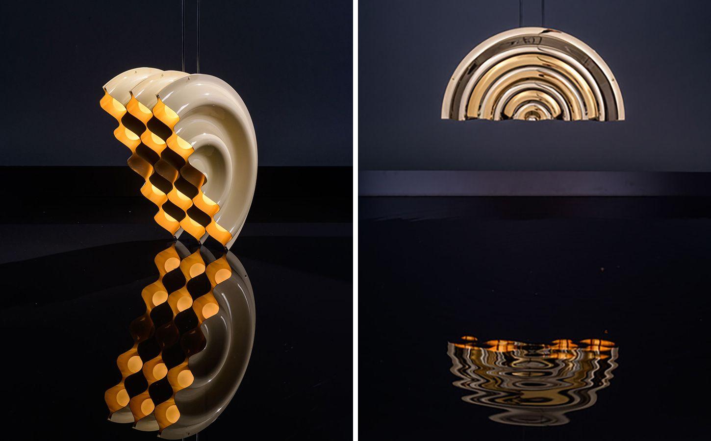 Doppler Triple Suspension Light in Glossy Ivory (left) and Doppler Pendant Suspension in 12K Gold