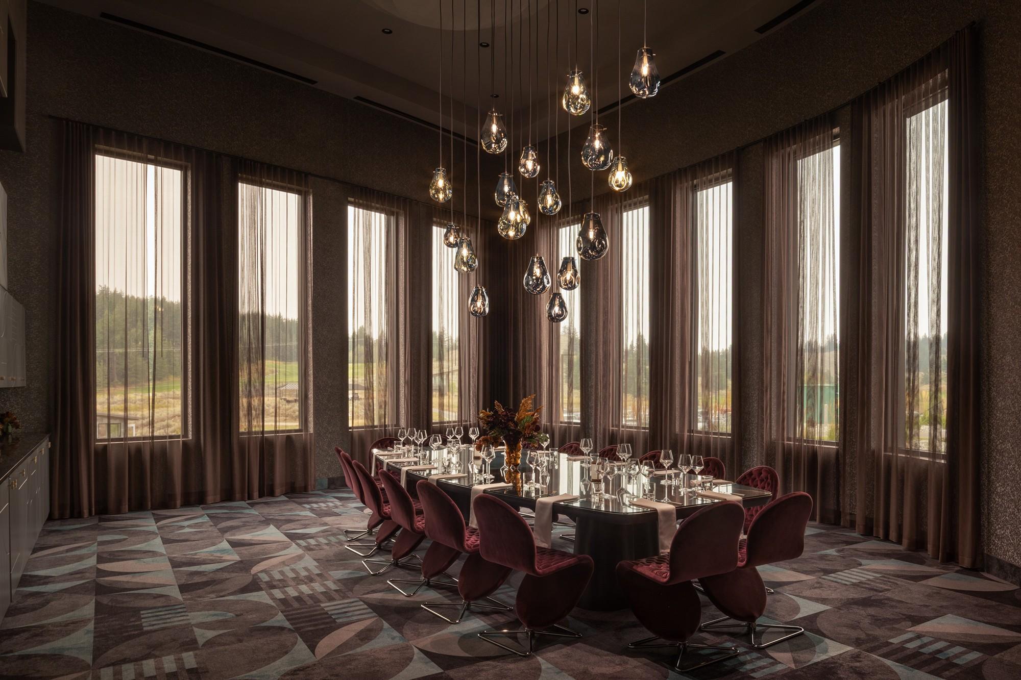 Bomma’s Soap Pendants hang above The Edge’s more intimate private dining room. Photography by Nimkat Studio.