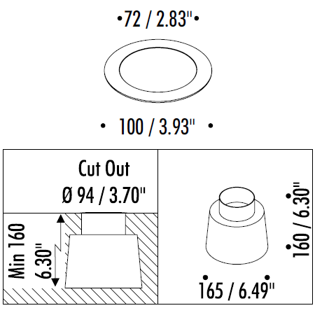 Out 100 Outdoor Recessed Ceiling/Wall/Floor Dimensions