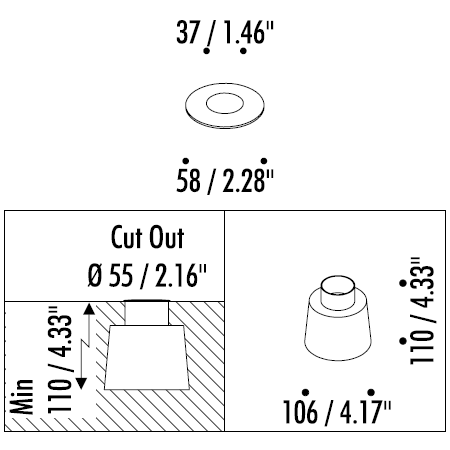 Out 58 Outdoor Recessed Ceiling/Wall/Floor Dimensions