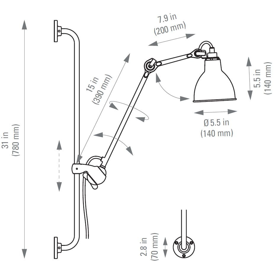 Lampe Gras N°210 Wall with Round Shade Dimensions