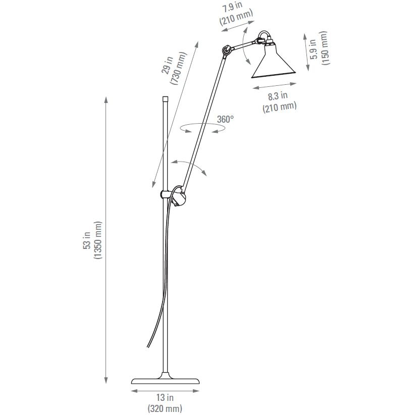 Lampe Gras N°215 Floor with Conic Shade Dimensions