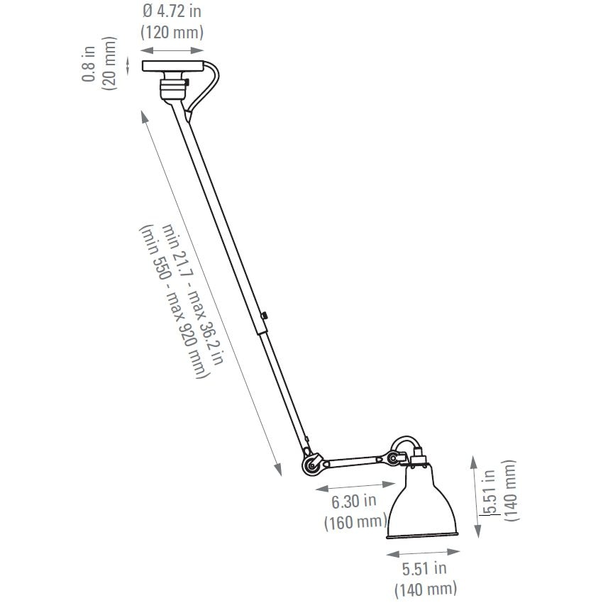 Lampe Gras N°302 Ceiling with Round Shade Dimensions