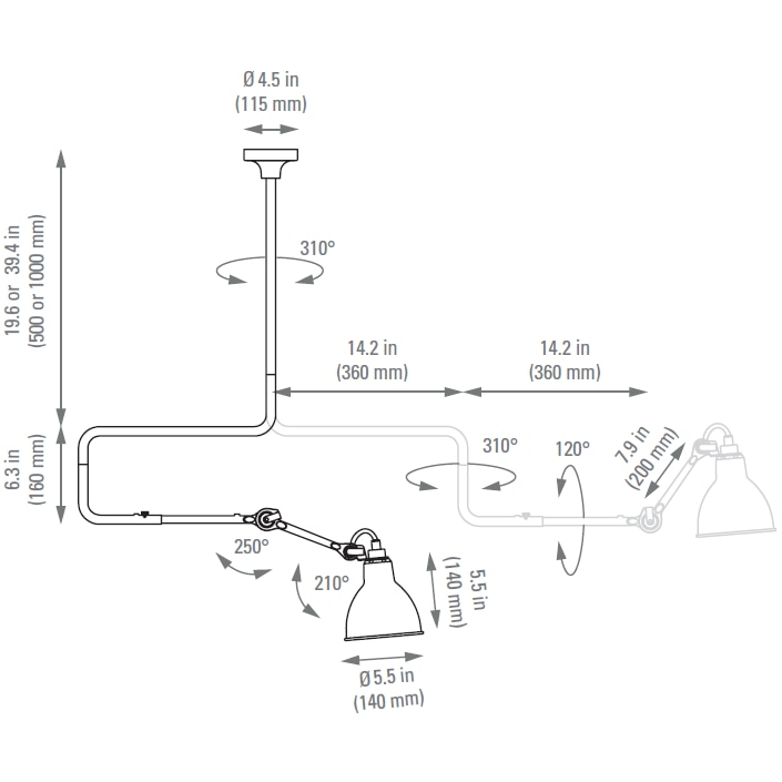 Lampe Gras N312 Ceiling with Round Shade Dimensions