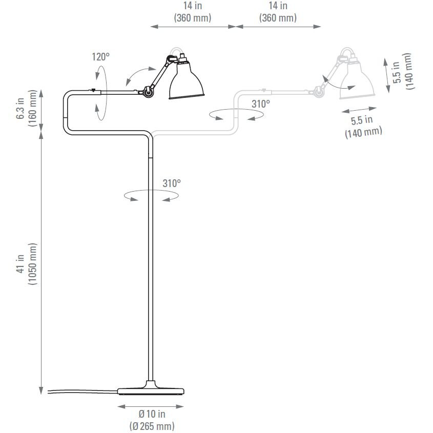 Lampe Gras N°411 Floor with Round Shade Dimensions