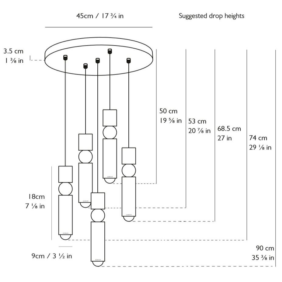 Fulcrum 5 Piece Chandelier Suspension Dimensions