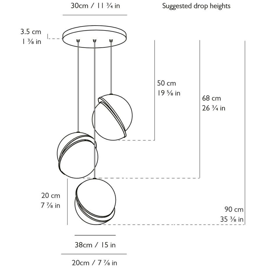 Mini Crescent 3 Piece Chandelier Suspension Dimensions