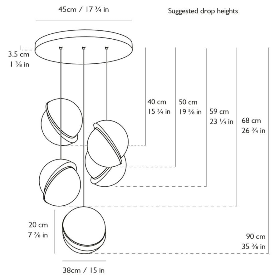 Mini Crescent 5 Piece Chandelier Suspension Dimensions