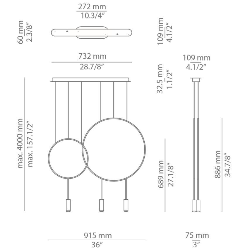 Revolta Suspension 2 Hoop 3 Light Short Linear Suspension Dimensions