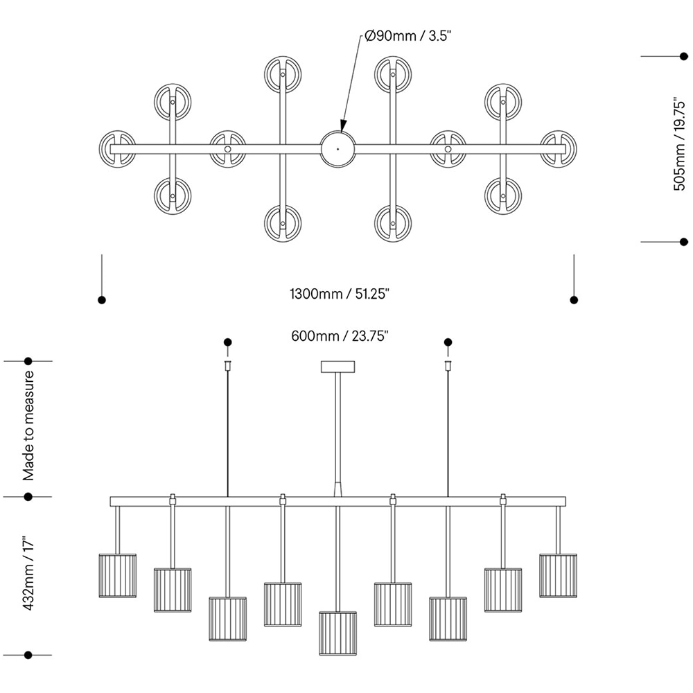 Flute Beam 13-Arm Chandelier Suspension Dimensions