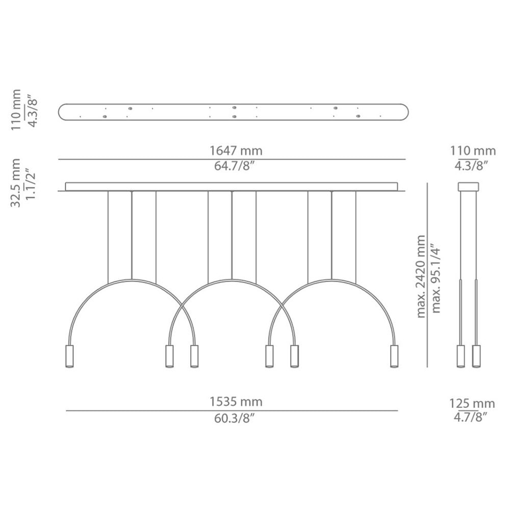 Volta Suspension 3 Arch 6 Light Linear Dimensions