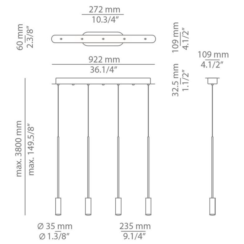 Volta 4 Pendant Light Linear Suspension Dimensions