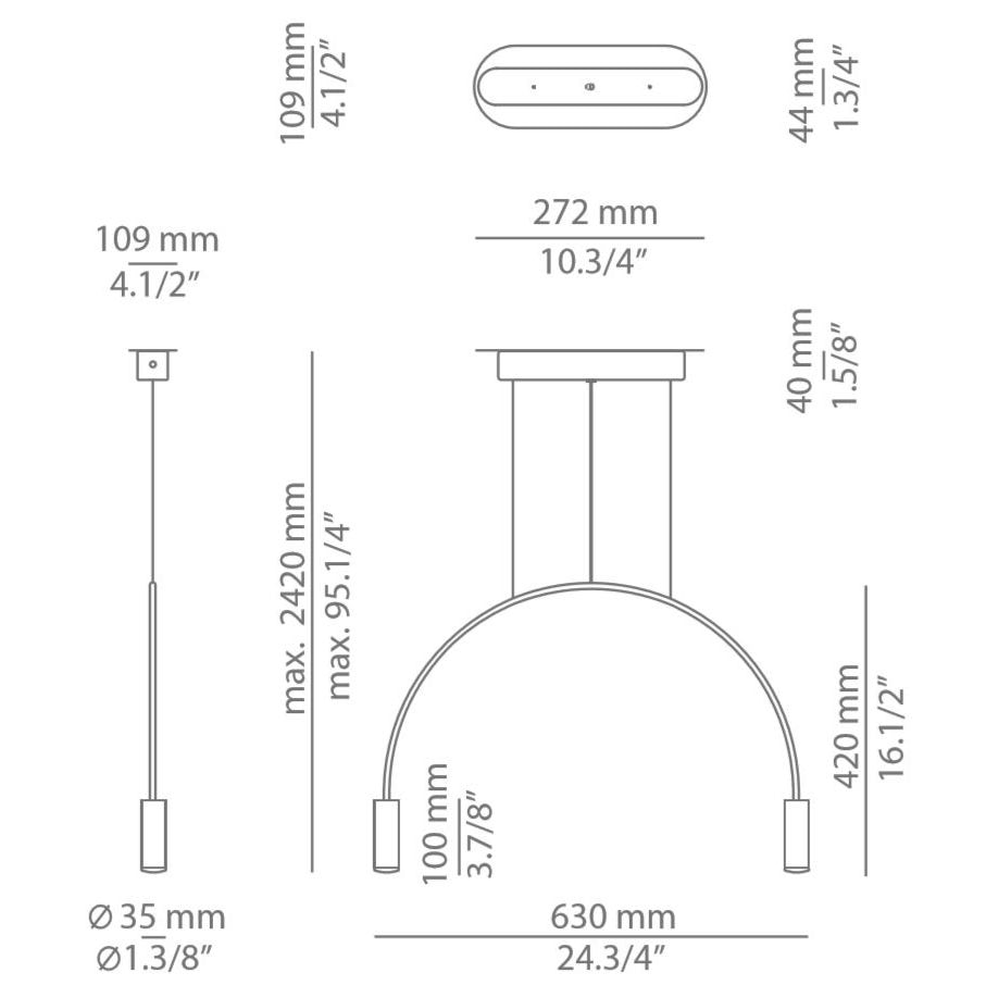 Volta T-3535-W 2 Light Arch Suspension Dimensions