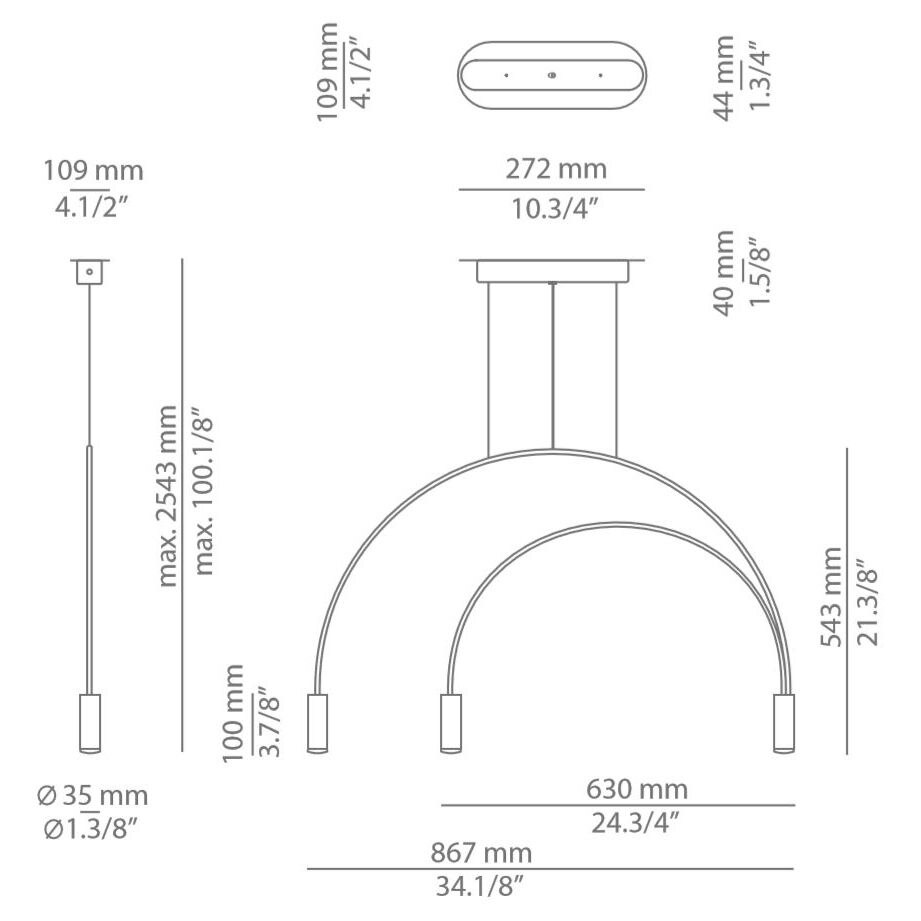 Volta T-3536-W 3 Light Arch Suspension Dimensions